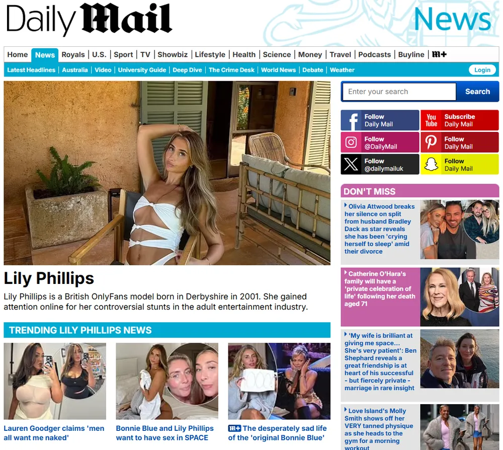 Lily Philips page at Dailymail website screenshot